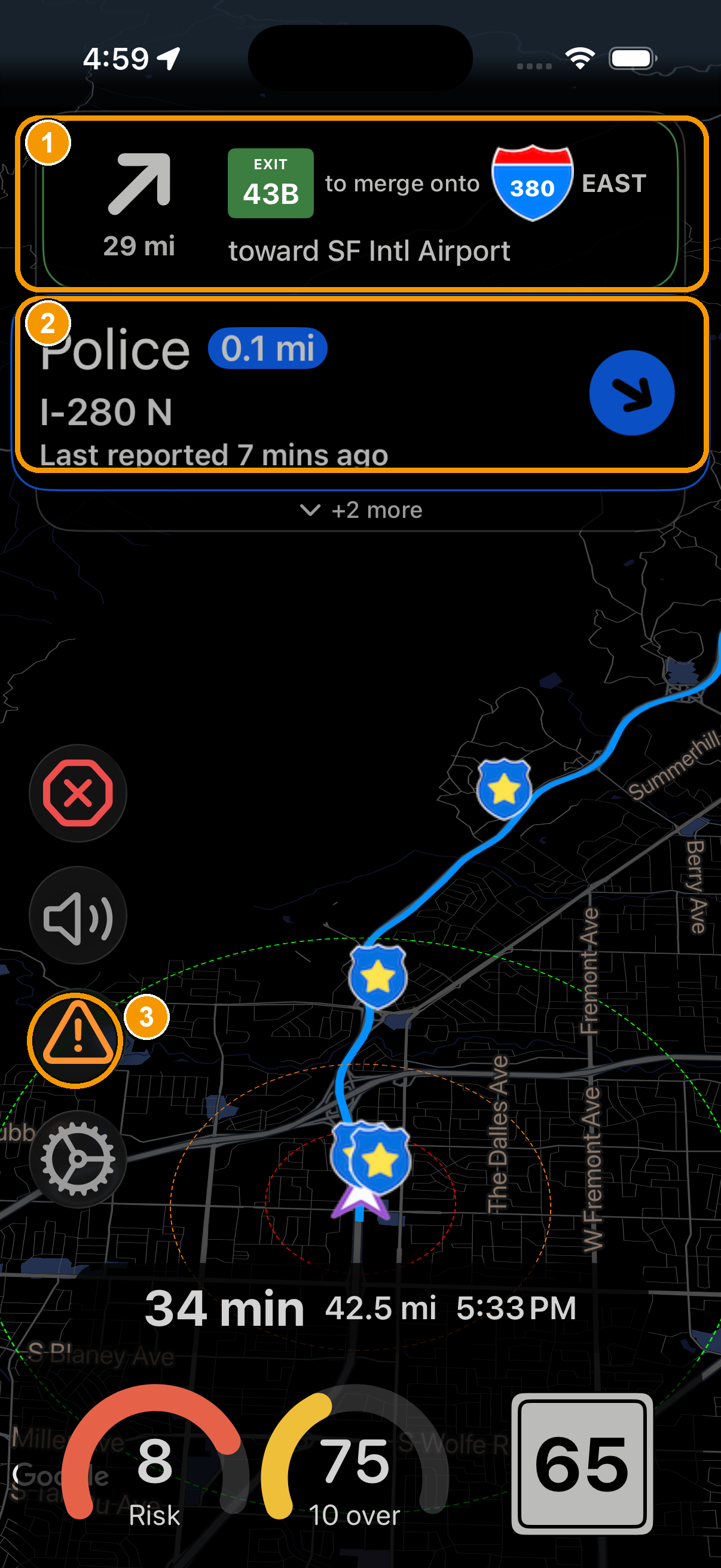 The main screen showing navigation instructions, an incoming police alert banner, and the report button.