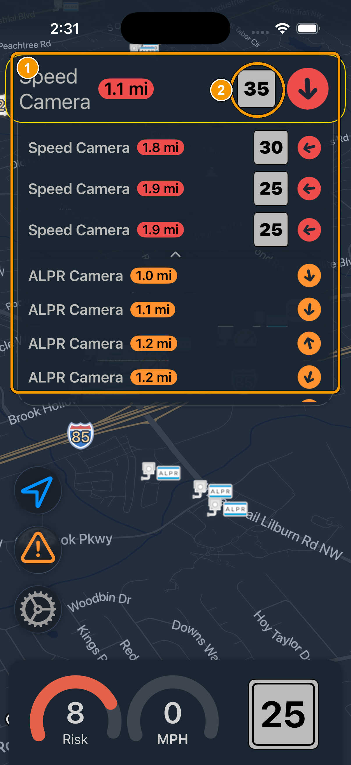 The camera alert list showing speed and ALPR cameras with distances and posted speed limits.
