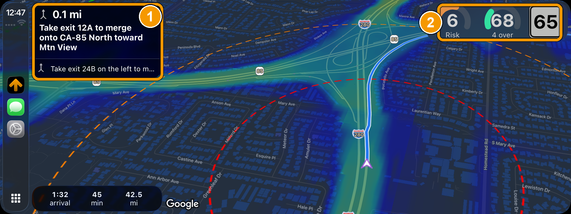 HighwayRadar on a CarPlay display showing turn-by-turn directions, the risk/speed/limit readouts, and the live map.