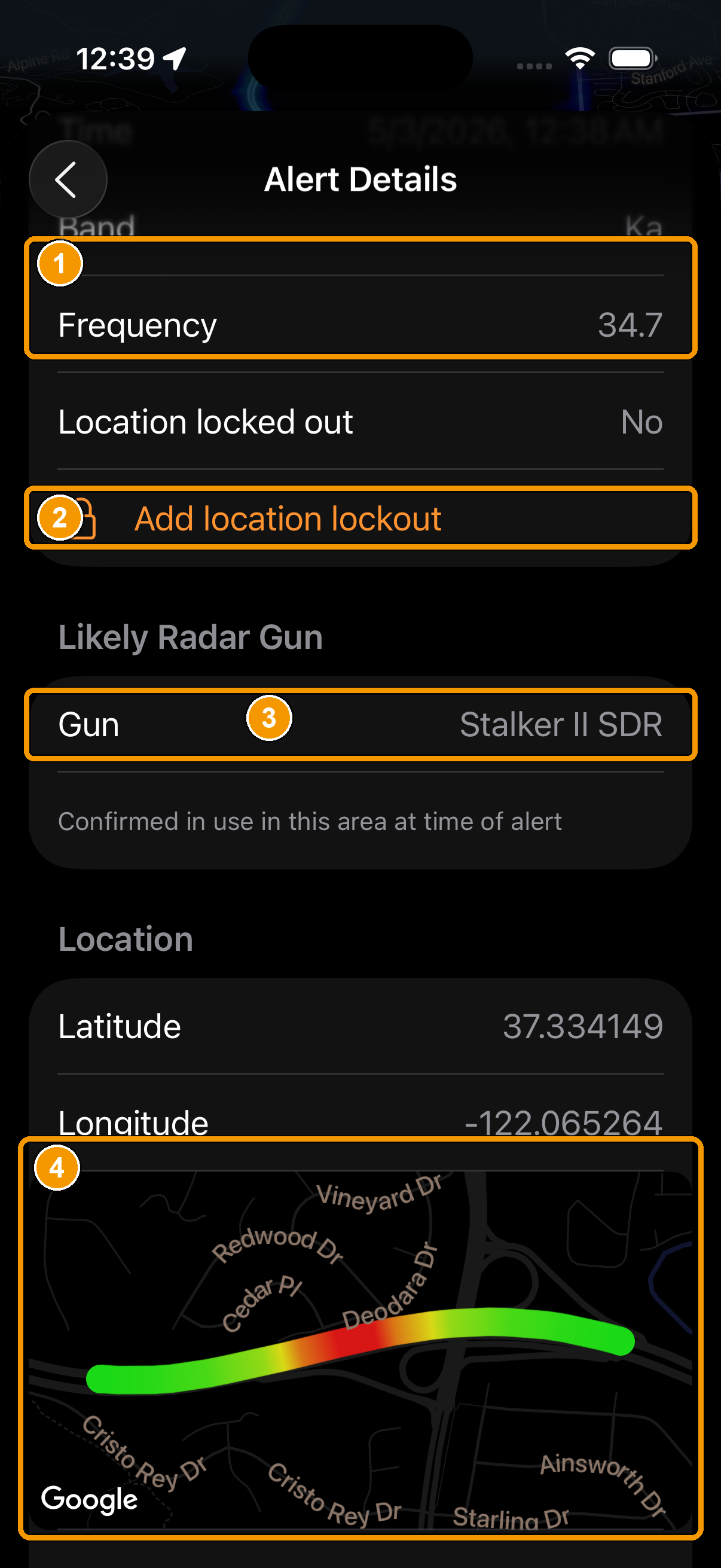 A radar alert's details screen: band and frequency, the add-location-lockout button, and the likely radar gun.
