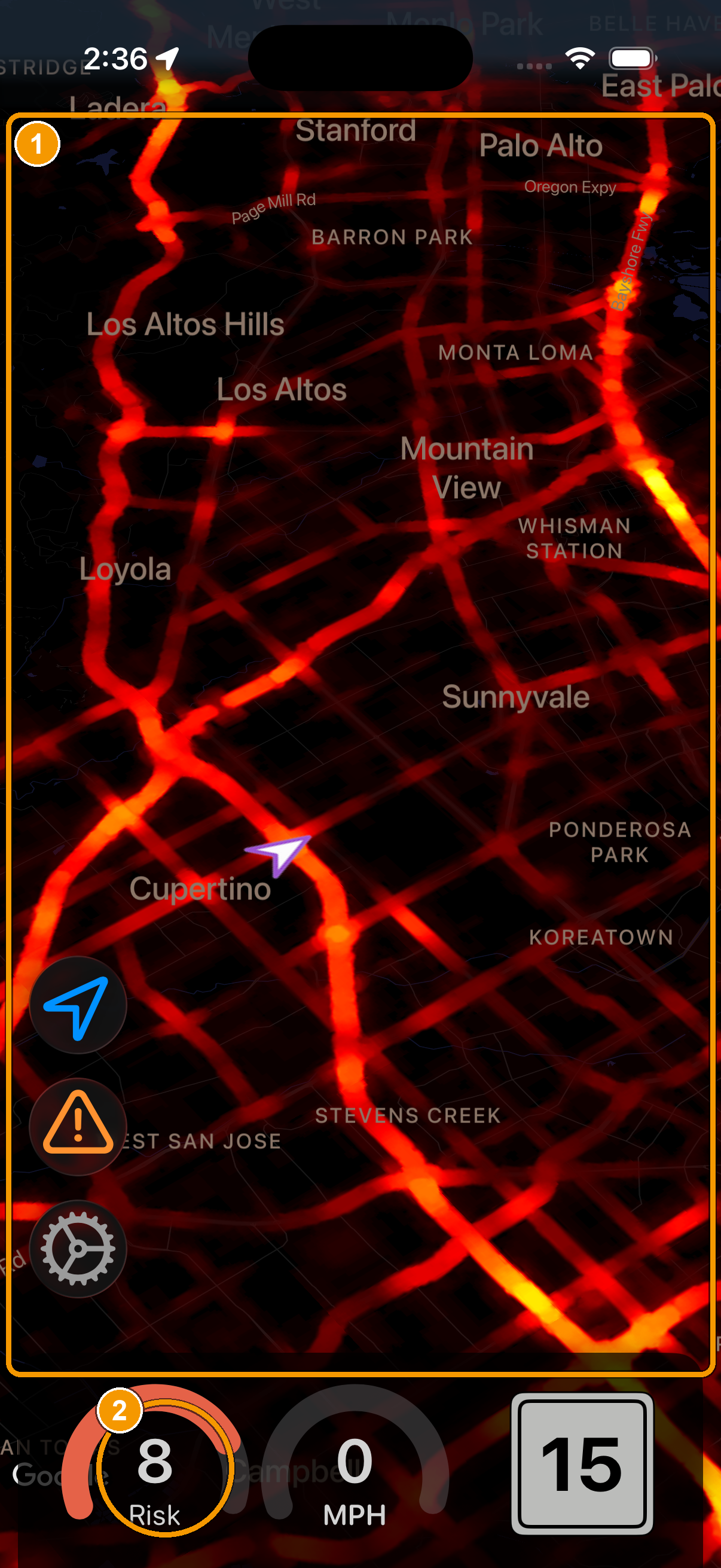 The heat map overlay covering the map, with the risk gauge at the bottom.