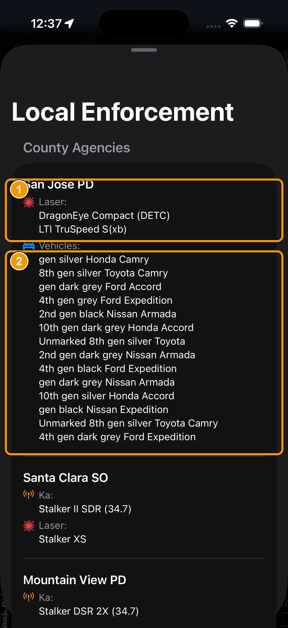 The Local Enforcement screen listing county agencies with their radar/laser equipment and the vehicles they use.