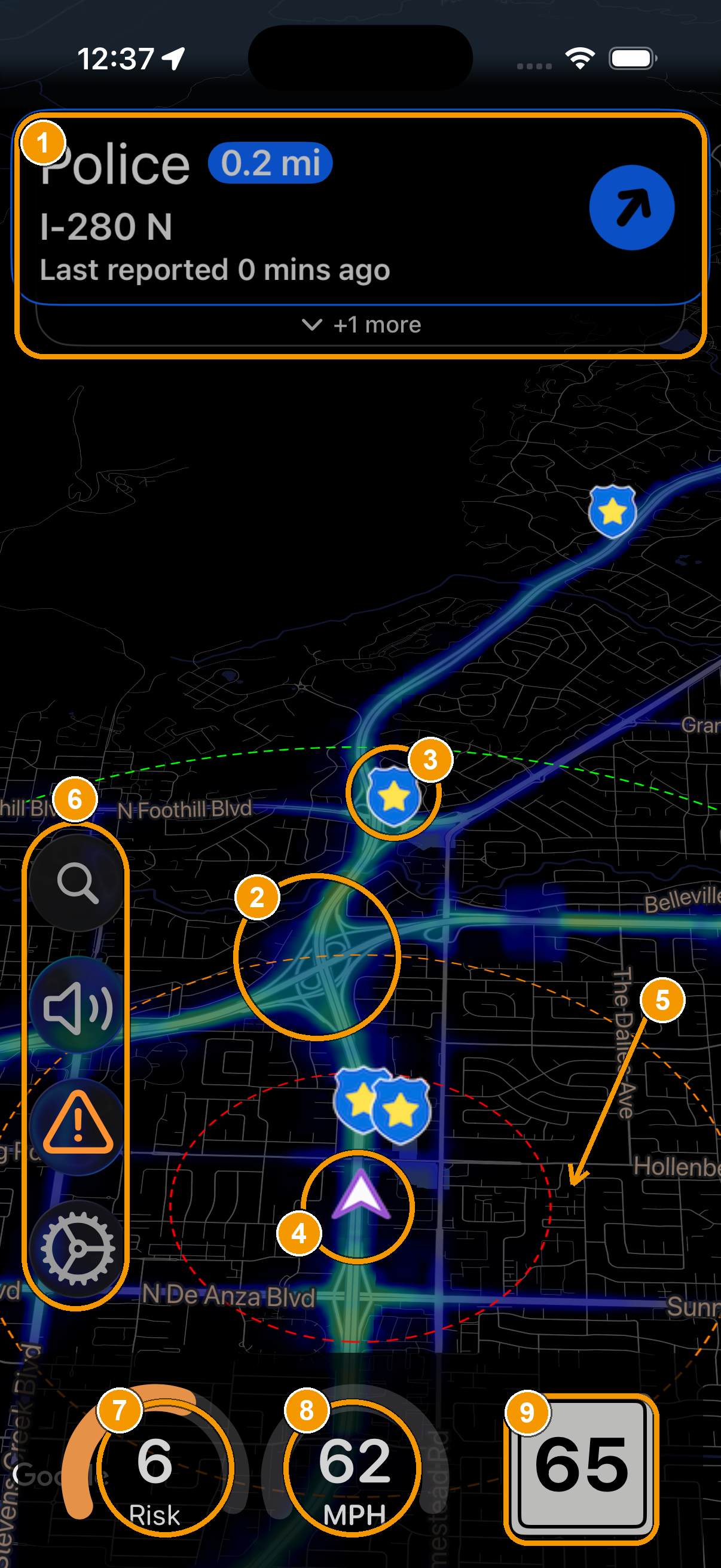 The HighwayRadar main screen with each on-screen element numbered: alert banner, heat map, report markers, your location, range rings, the button stack, risk score, speed, and speed limit.