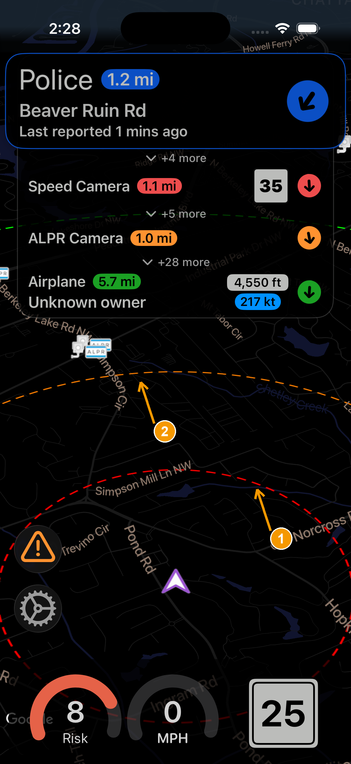 Range rings drawn as dashed circles around your position on the map.