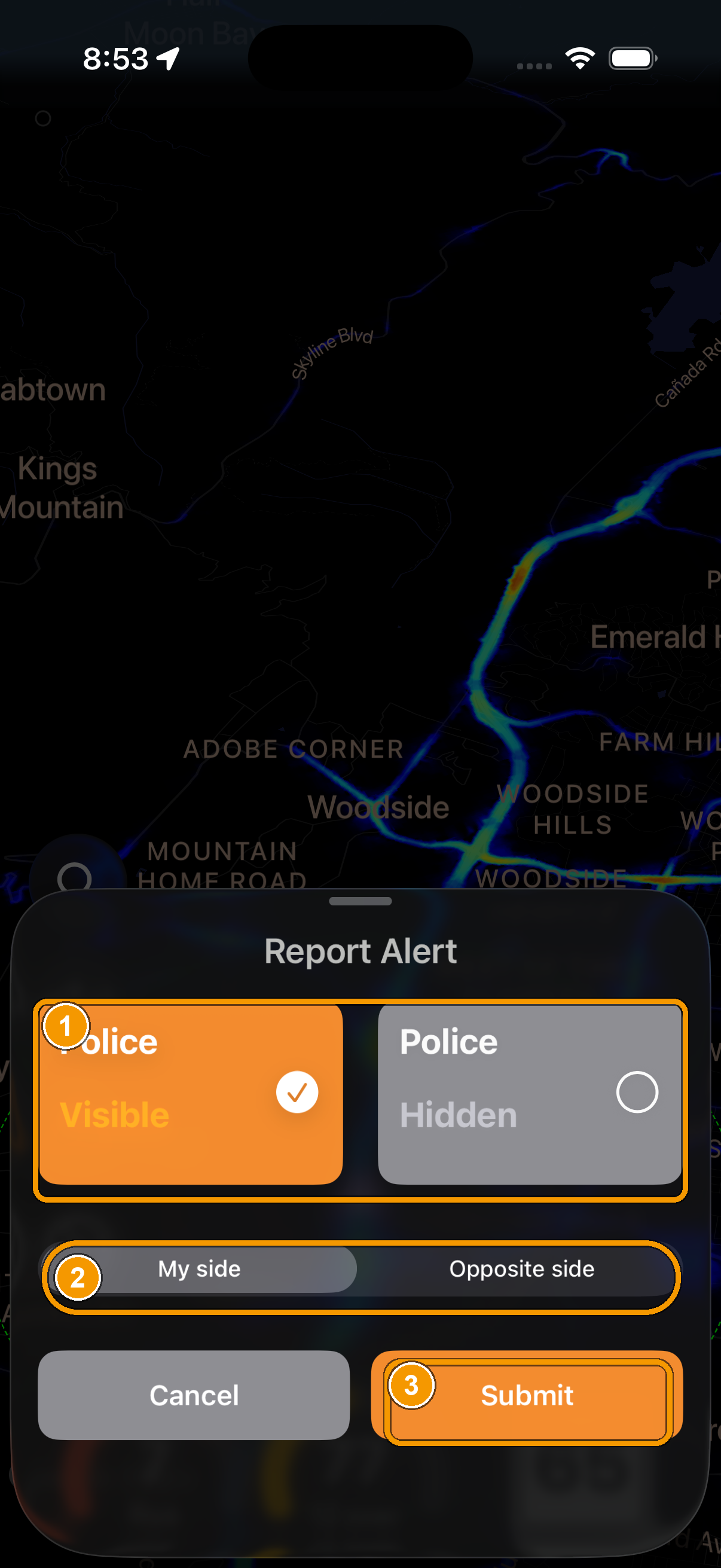 The Report Alert dialog with visibility, side-of-road, and submit controls.